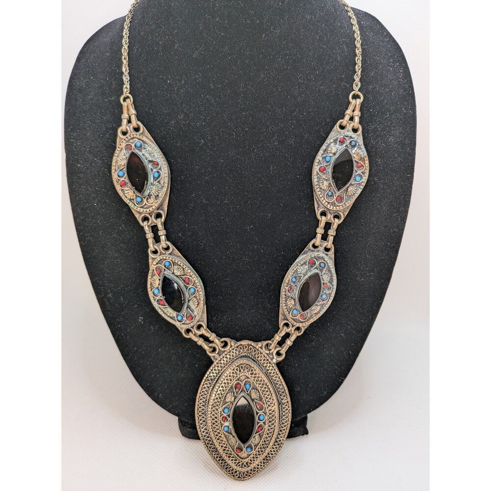 Afghan Indian Handmade Tribal Boho Vintage Necklace with Black Onyx Blue & Red - Picture 1 of 7